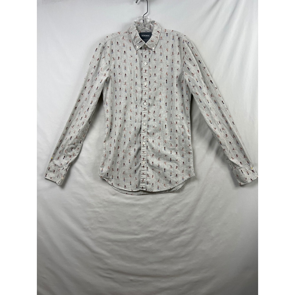 Bonobos Button Down Shirt Mens S Gray Skier Print Tailored Slim Fit Long Sleeve